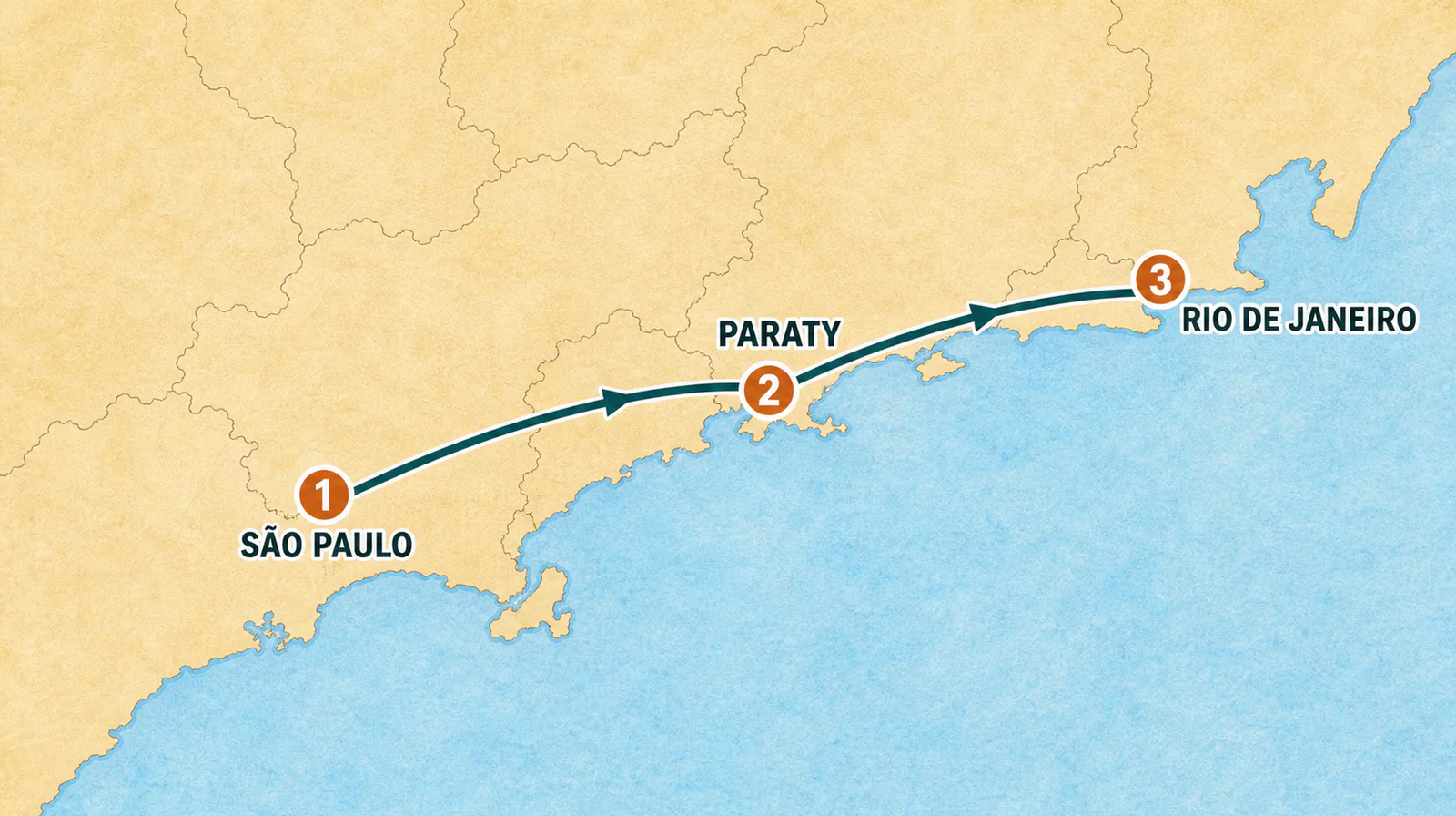Map showing the Brazil program route from Sao Paulo to Paraty and Rio de Janeiro.