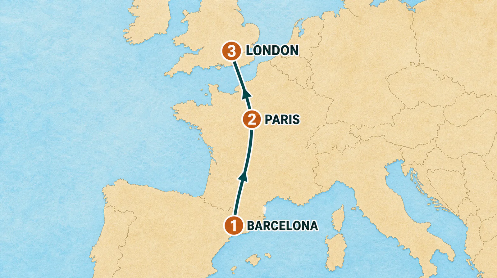 Map showing the Barcelona-start Europe route from Barcelona to Paris and London.