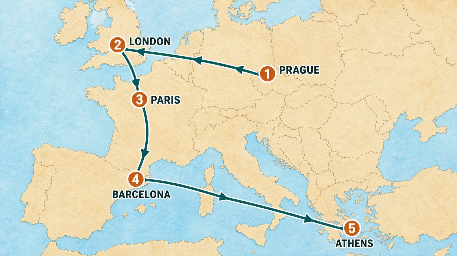 Map showing the Europe route from Prague to London, Paris, Barcelona, and Athens.